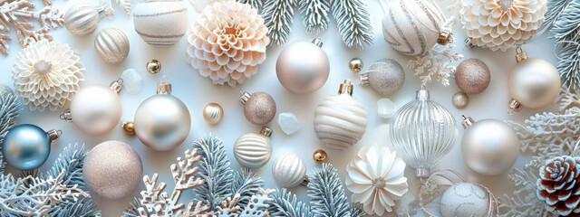 A sophisticated Christmas arrangement featuring white and silver ornaments, pine cones, and snow-dusted branches, creating a luxurious winter wonderland.