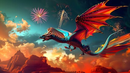 Dragon flying through sky with fireworks ideal for fantasy book covers . Concept Fantasy Book Covers, Dragons, Fireworks, Sky, Magical Creatures