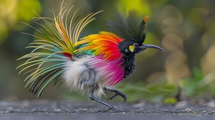 Fototapeta premium A vibrant bird with colored feathers on its back legs walks on a paved surface amidst trees in the background