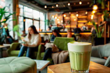 Image of a modern coffee bar with a cup of matcha latte in the foreground.