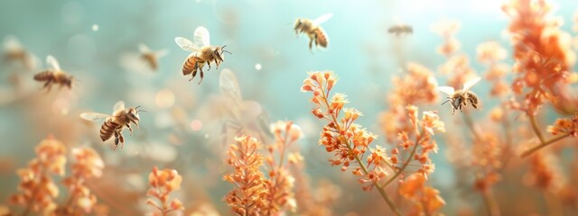 Fototapeta premium Warm, golden field with bees pollinating delicate flowers, capturing a sense of natural beauty and activity.