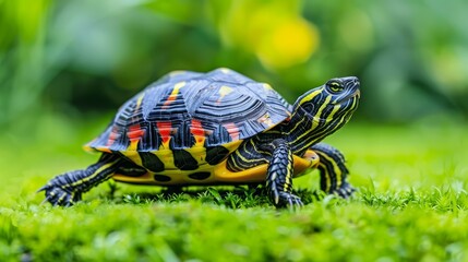 Obraz premium A red-eared slider turtle gazes at the camera, situated on the grass Background slightly out of focus