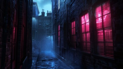 Rainy night in a narrow alley with glowing red windows