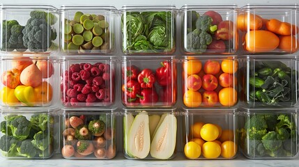  Neatly organized fresh fruits and vegetables in clear containers, showcasing a variety of colors and types.