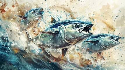 Dynamic watercolor depiction of salmon leaping with a splash of earthy tones and blue.