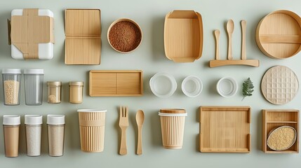Assorted eco-friendly packaging and utensils on a light background.