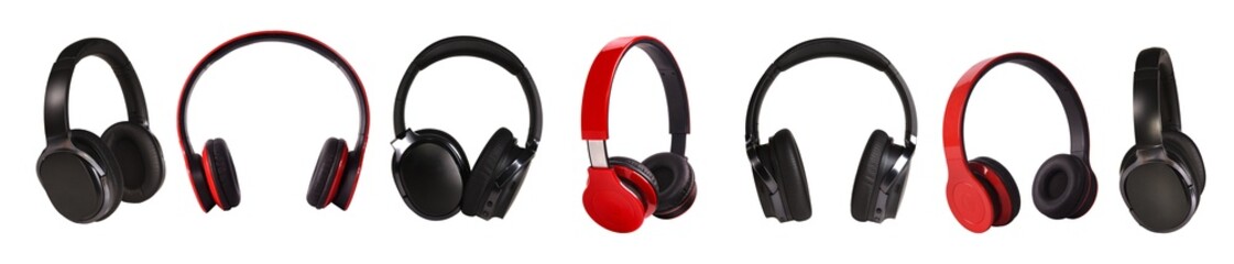 A set of three-dimensional wireless headphones in red and black on a white isolated background