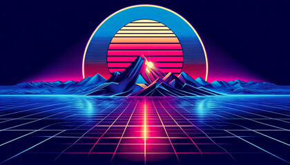 Retro background futuristic landscape 1980s style. Digital retro landscape cyber surface. 80s party background. Retro 80s fashion Science Fiction Background Summer Landscape.