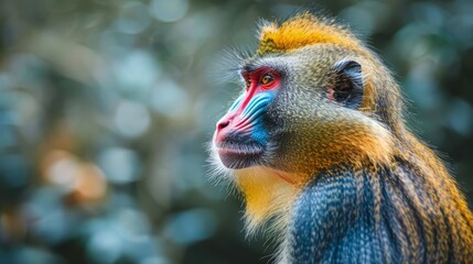   A tight shot of a monkey displaying red, blue, yellow, and black facial stripes - obrazy, fototapety, plakaty