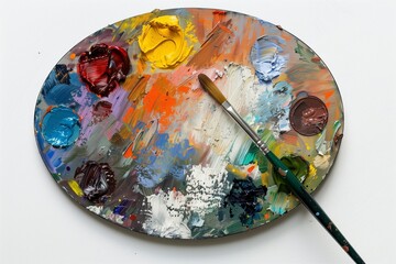Paintbrush and palette adorned with vibrant colors, resting on a pristine white surface