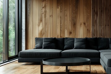 Modern minimalist living room, a sleek black coffee table sits adjacent to a corner sofa, set against a window and a wood-paneled wall