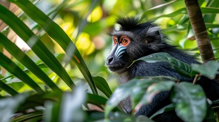   A tight shot of a monkey in a tree, gaze fixed on the camera, surrounded by an out-of-focus backdrop of verdant leaves