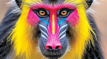   A tight shot of a monkey's face, adorned with a multicolored mane of fur on its head - obrazy, fototapety, plakaty