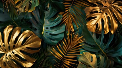 monstera and palm leaves fancy wallpaper with dark greens and golden leaves