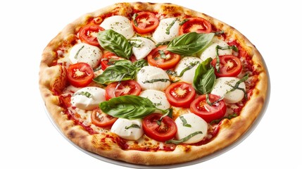 High-resolution top shot of a Caprese pizza, featuring fresh tomatoes and mozzarella, ideal for menu artwork, set against an isolated background