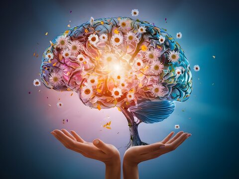Cerebro humano con pensamientos positivos, concepto de inteligencia e ideas creativas