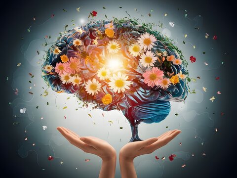 Manos sostienen un cerebro humano floreciendo en forma de árbol. Concepto de inteligencia y pensamientos positivos