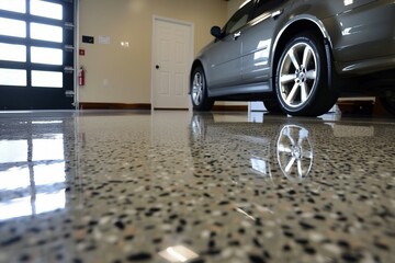 Meticulously crafted epoxy garage floor, offering a detailed and immersive view
