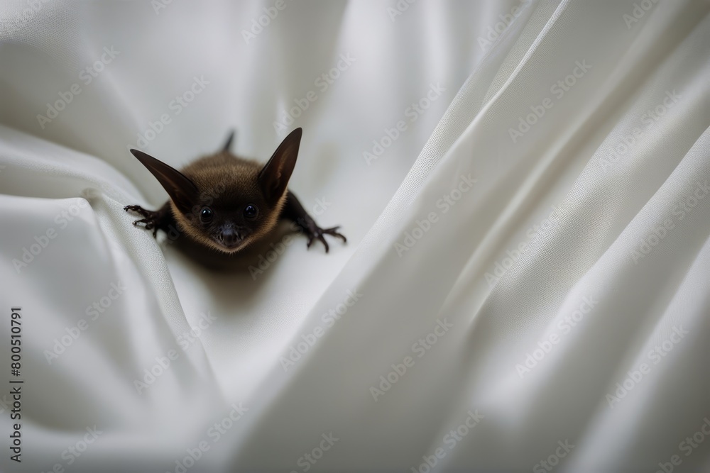 Wall mural 'common pipistrelle curtain copy pipistrellus bat space white small climbing hanging animal night halloween day biology europa flying free fun fur wild wildlife mammal motion predator protection wing'