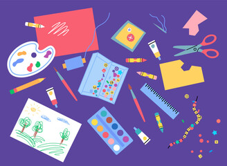 Cartoon Color Creative Lab Element Set Concept Flat Design Style Include of Scissors, Paint and Palette. Vector illustration