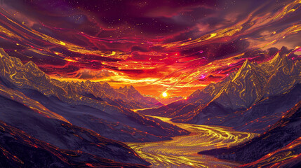A fluid art masterpiece depicting the fiery beauty of a sunset over the mountains, with gold, red, and purple blending into a breathtaking scene.