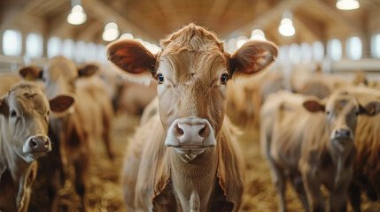 Herd of Cattle Standing on Dry Grass Field