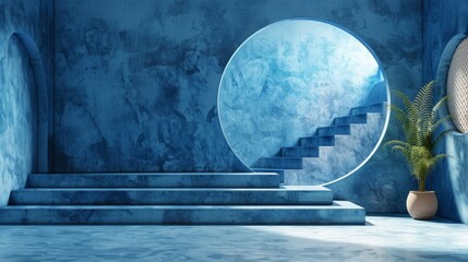 contemporary minimalistic interior design with arch and stairs, blue color, stairs, 3d render illustration mockup, generative ai.