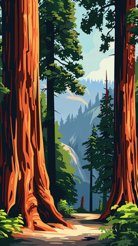 Sequoia redwood forest illustration with dramatic view