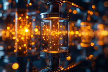 A glowing orange particle in a glass tube with a metal cap. quantum computer idea concept.
