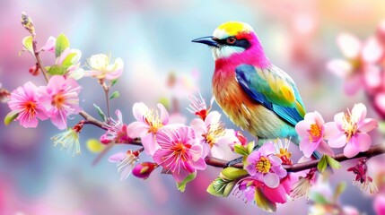   A vibrant bird perches on a tree branch amidst pink and yellow blooms Behind it, a tranquil blue sky unfolds