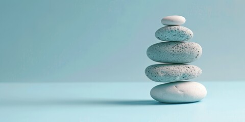 White sea pebble stone stack on light blue background.