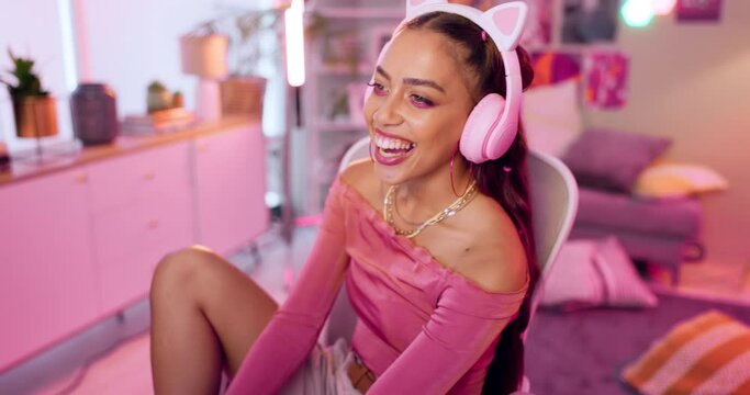 Content creator, streamer and black woman with headphones for communication, happiness and talking with followers. Neon lights, smile and female person for influencer, broadcast or live streaming