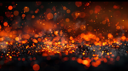 A fiery orange and charcoal abstract landscape, with bokeh lights that dance like embers from a...