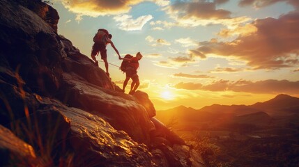 Fototapeta premium Two people are climbing a mountain together. The sun is setting in the background, creating a warm and peaceful atmosphere