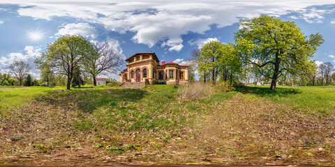 seamless spherical 360 hdri panorama near old abandoned historic palace or homestead in equirectangular projection
