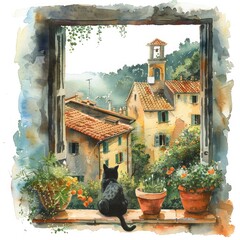 Fototapeta na wymiar an illustration curious cat sitting on a windowsill gazing out at the scenic landscape. The style is soft and dreamy, with a warm and sunny color palette