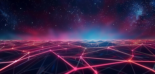 A dynamic neon grid pulsating with energy, showcasing an intricate network of low poly connections...