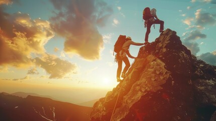 Two people are climbing a mountain together. The sun is setting in the background