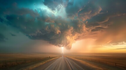 Electric Storm Supercell Over Prairie Road - Dramatic Weather Scene