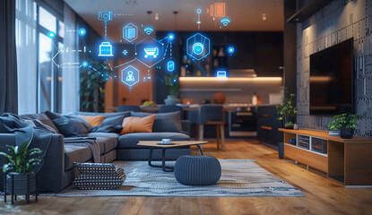  AI powered smart home interior, showcasing various digital holographic projections representing different room types and their networked communication with the main system through data connections - obrazy, fototapety, plakaty