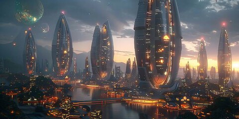 Fototapeta premium futuristic night eco friendly city with glowing lights and tall unusual shaped buildings
