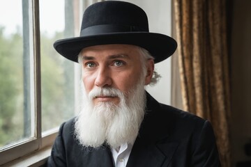 Serene Indoor Setting Featuring Man in Formal Attire and Natural Backdrop