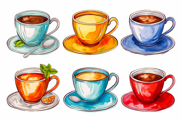 Colorful cups of coffee and tea on white background. Vector illustration.