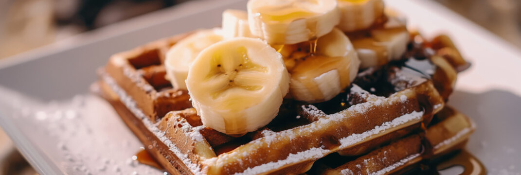 Close-up of delectable Belgian waffles with sliced bananas and a dusting of powdered sugar on top