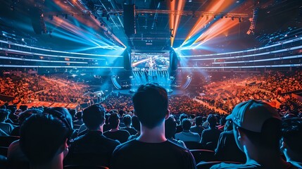 Packed Esports Stadium Crowd Focused on Center Stage - Big Screen Arena Event - obrazy, fototapety, plakaty