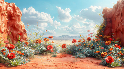 Vibrant Desert Bloom: Red Wildflowers Amidst Arid Canyon Cliffs