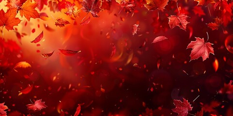 Deep Red Seasonal Wallpaper with Falling Autumn Leaves. Natural Banner with copy-space.
