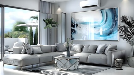 Contemporary living room with air conditioner and room divider . Concept Interior Design, Contemporary Style, Air Conditioning, Room Divider, Living Room