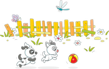 Happy little puppy and kitten playing with a toy ball in a yard of an old village house with a fence in countryside on a pretty summer day, vector cartoon illustration on a white background