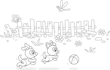 Happy little puppy and kitten playing with a toy ball in a yard of an old village house with a fence in countryside on a pretty summer day, black and white vector cartoon illustration for a coloring b